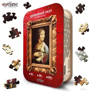 Wooden puzzle "Lady with an Ermine" by Leonardo da Vinci in a luxurious wooden box